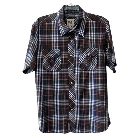 Paper Denim & Cloth Plaid Short Sleeve Collared Front Button Shirt Blue Multi L - Picture 1 of 7